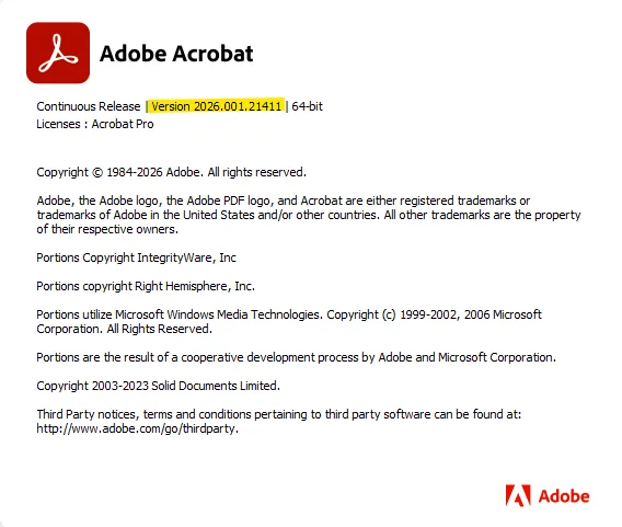 Écran « À propos » d’Adobe Acrobat affichant la version installée 2026.001.21411 en surbrillance, utilisée pour vérifier si le logiciel est à jour.