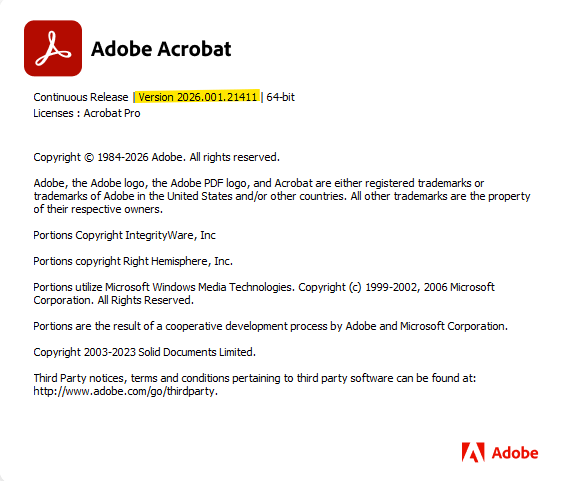 Écran « À propos » d’Adobe Acrobat affichant la version installée 2026.001.21411 en surbrillance, utilisée pour vérifier si le logiciel est à jour.