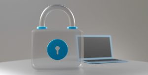 Illustration de cybersécurité montrant un cadenas et un ordinateur portable, utilisée pour présenter les vidéos de démonstration d'une plateforme de sensibilisation à la cybersécurité.