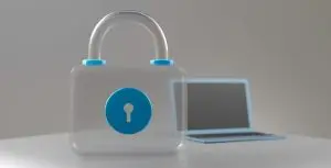 Illustration de cybersécurité montrant un cadenas et un ordinateur portable, utilisée pour présenter les vidéos de démonstration d'une plateforme de sensibilisation à la cybersécurité.